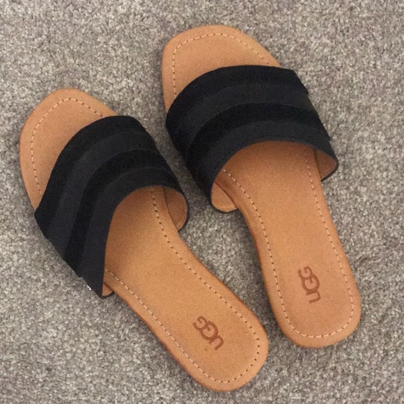 UGG Shoes - Ugg Slip On Slide Black Leather Sandals Size 7.5